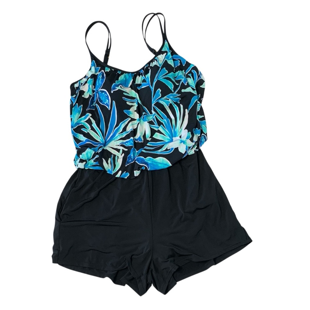 MAXINE of HOLLYWOOD Floral Print Black Swim Romper